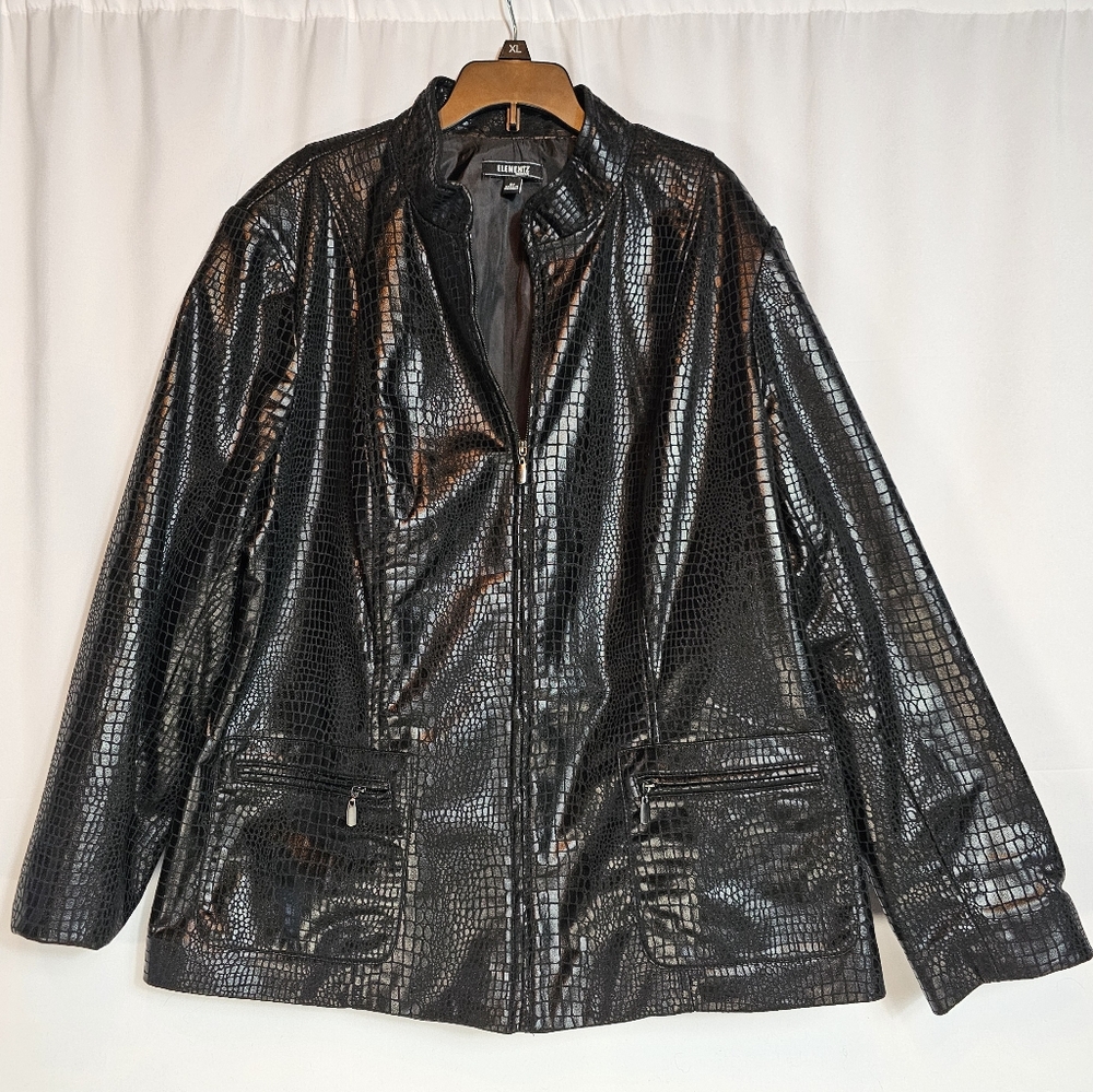 Elementz Woman 2X Faux Croc Vinyl Zip Jacket | Black Textured Shiny Moto Style